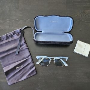 Light Blue and Gold Gucci Metal Frame Sunglasses Light Blue Lenses NWOT